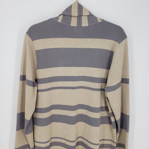 Calvin Klein Open Front Long Cardigan Sweater L Womens Striped Gray Tan - Picture 7 of 9